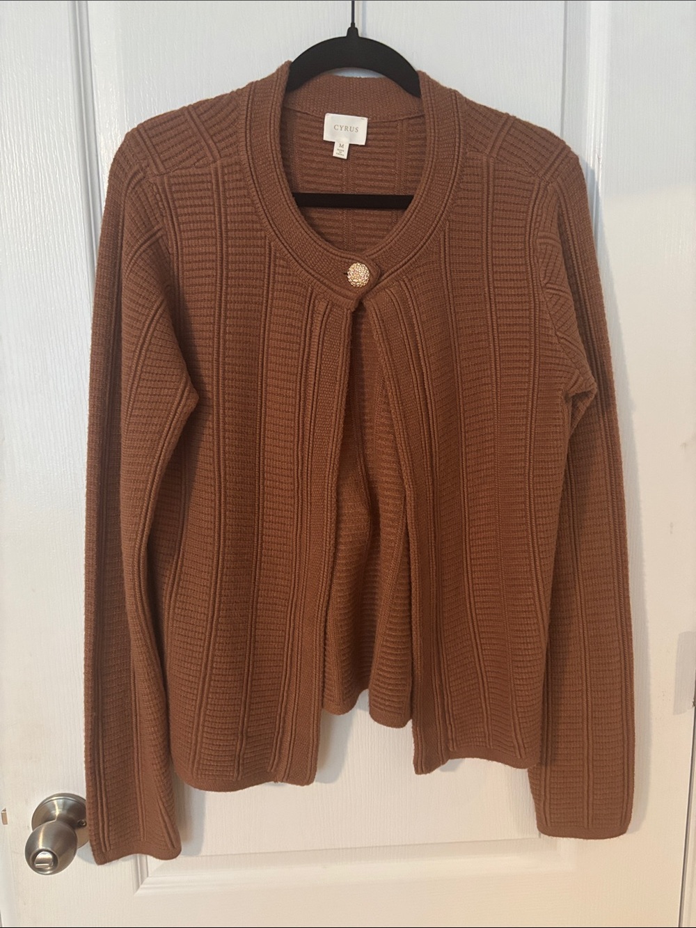 Cyrus Chestnut Brown Ribbed Knit Cardigan with Decorative Button